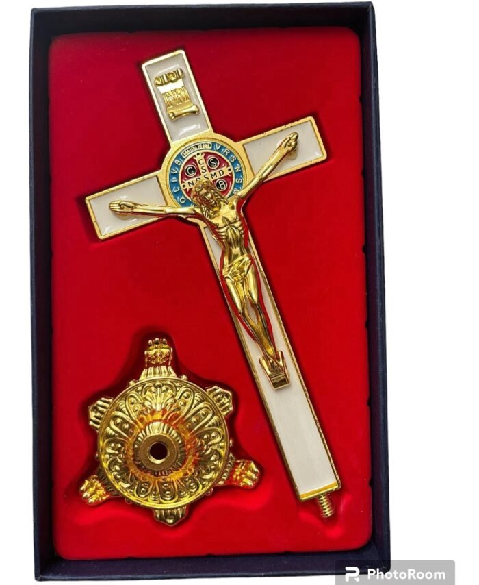Elegant White Metallic Cross with Base