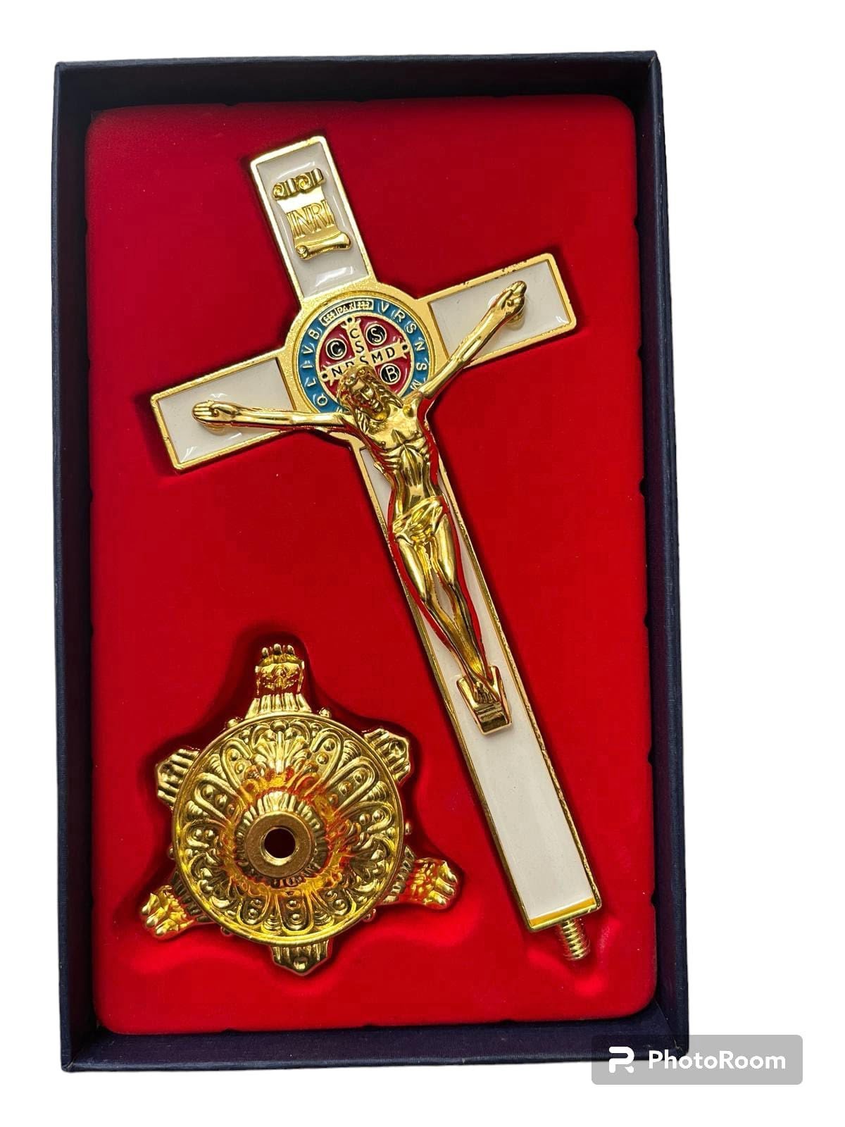 Elegant White Metallic Cross with Base