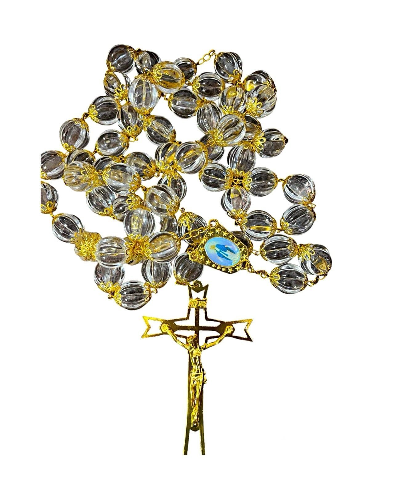 Crystal Clear Cross Chain with Crystal Beads and Golden Accents