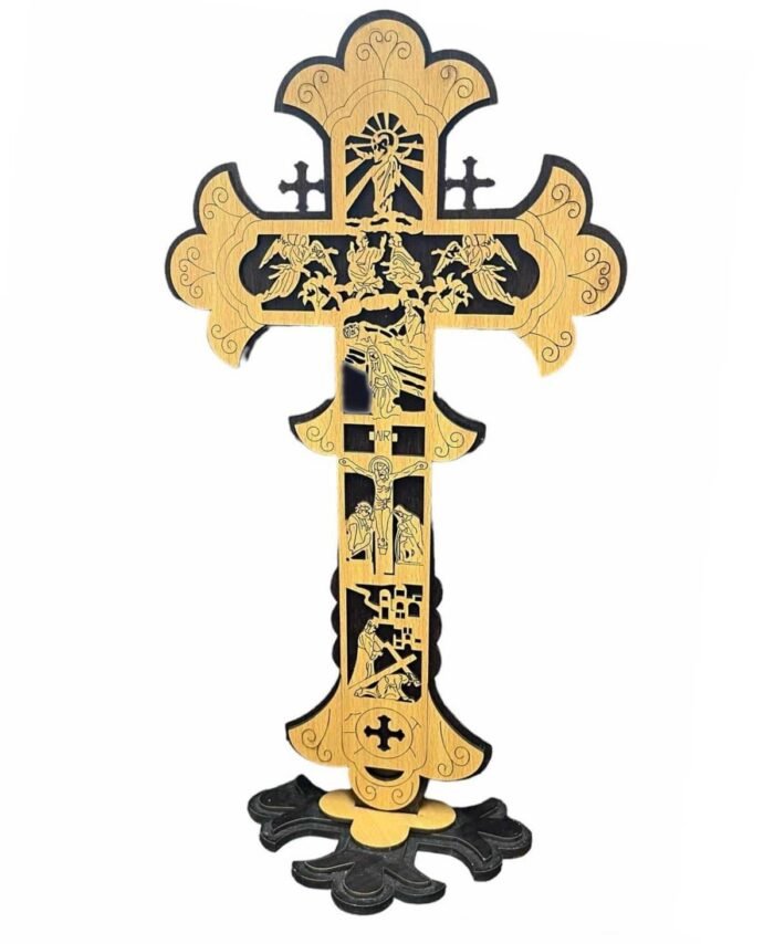 Elegant Engraved Wooden Cross with Stable Base