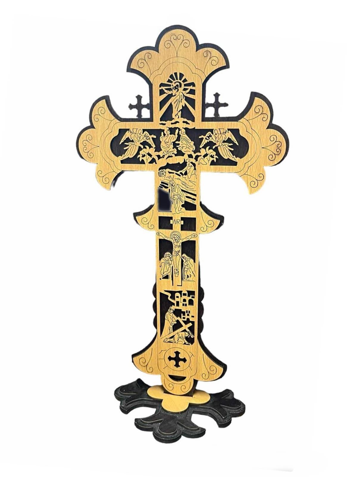 Elegant Engraved Wooden Cross with Stable Base